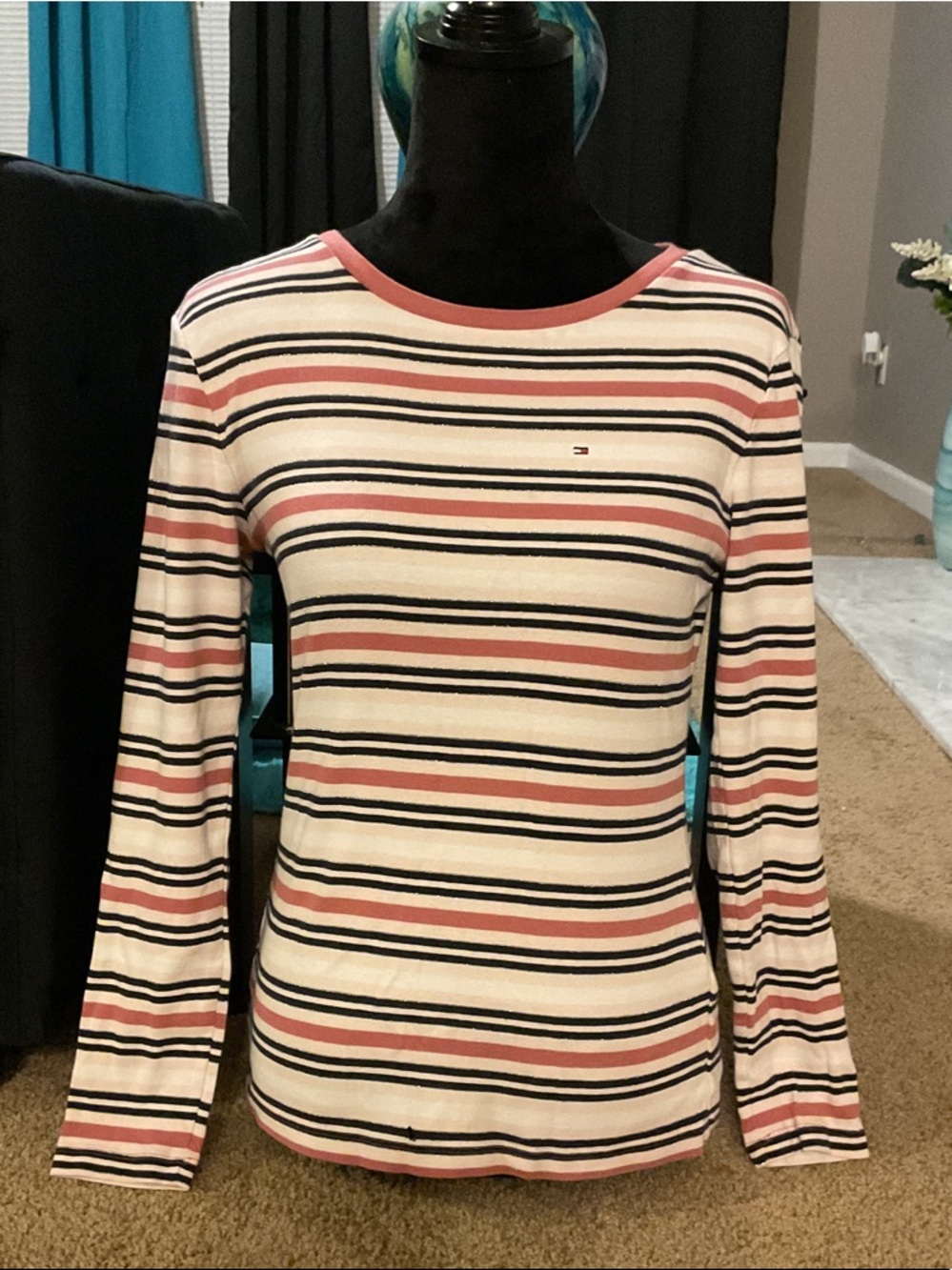 Tommy Hilfiger Cream, Pink & Black Striped Long Sleeve Crew Tee